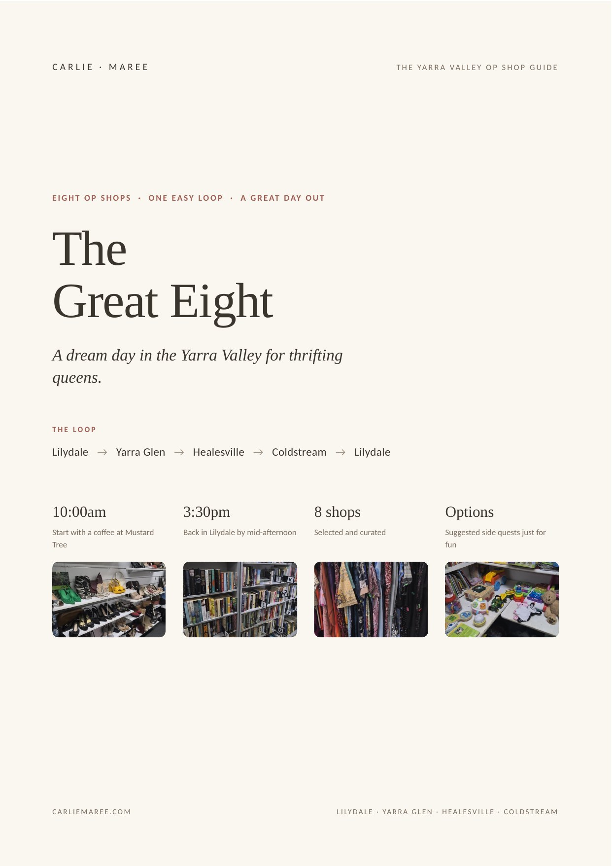 Cover of The Great Eight, a free Yarra Valley op shop guide by Carlie Maree