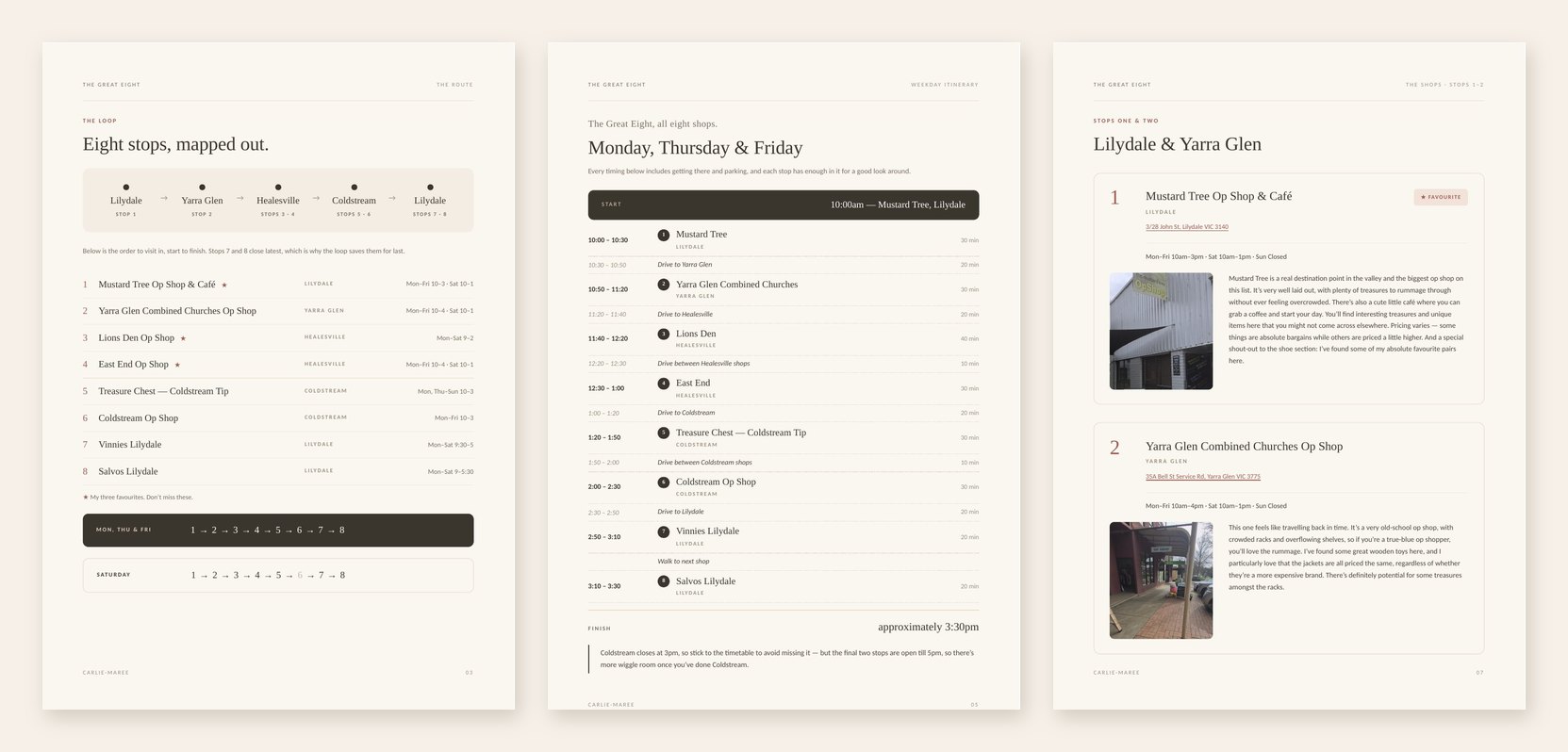 Three pages from The Great Eight guide showing the route, the weekday itinerary and the op shop descriptions